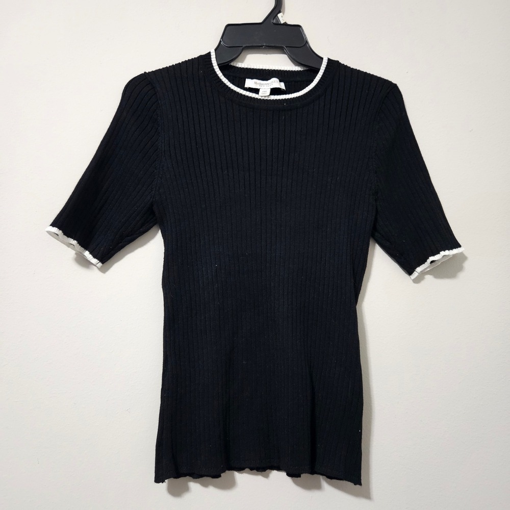 Madison Grey New York Black Ribbed Short Sleeve Sweater White Trim Petite Medium